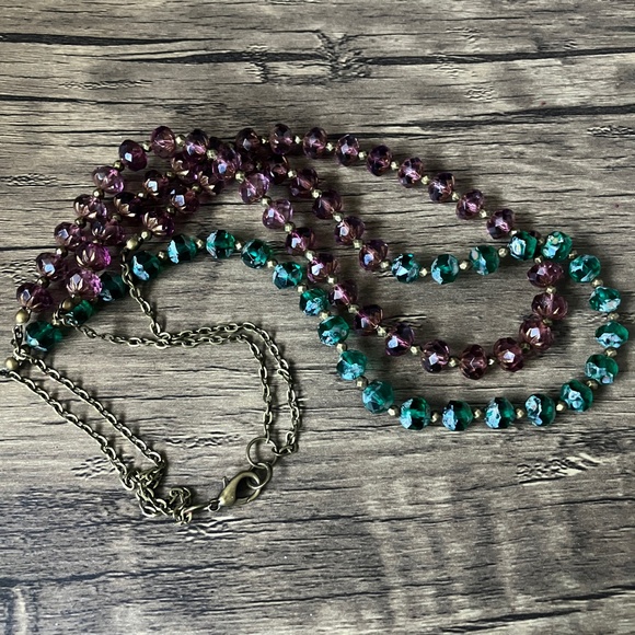 Purple and Green Faceted Czech Glass Beaded Layered Necklace Brass Accents - Picture 5 of 12